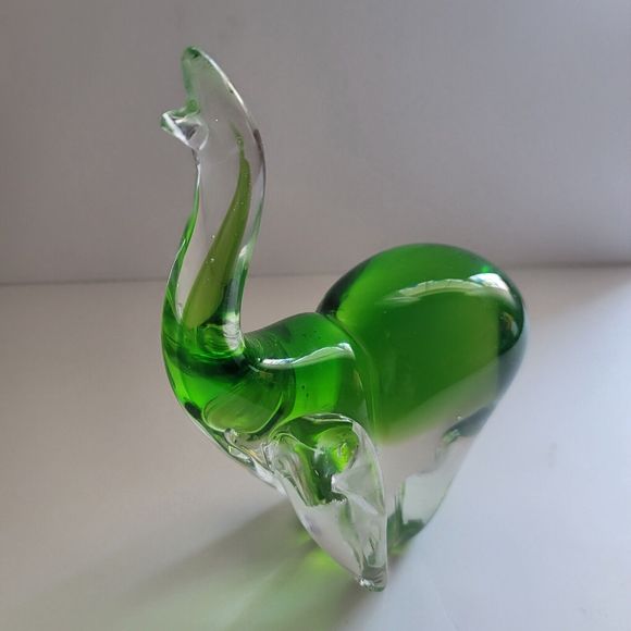 Art Glass Elephant  Vintage Green Murano Style  Figurine Trunk Up heavy 3 Lb 9" - Picture 9 of 11